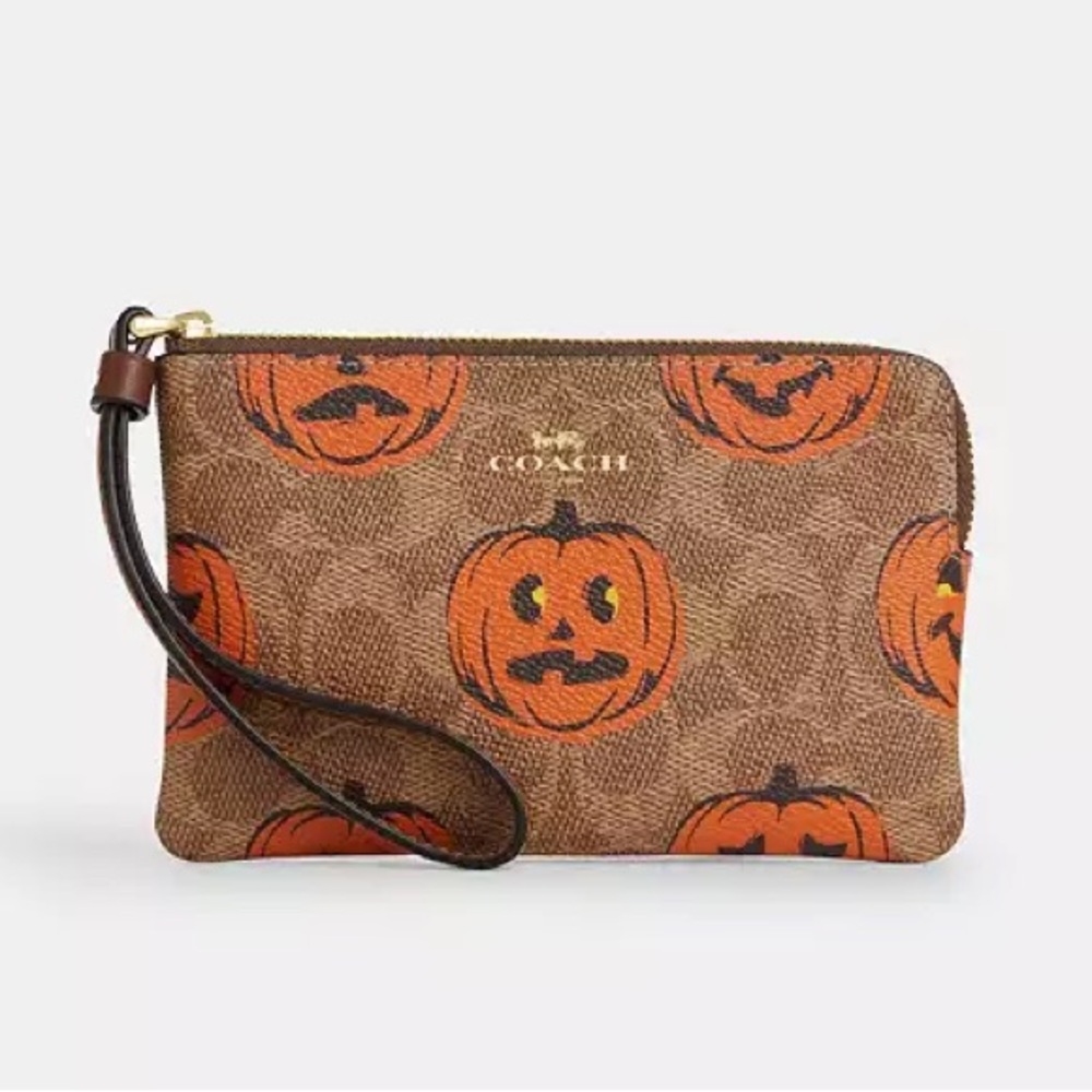Coach Halloween Corner Zip Wristlet in Signature Canvas Jack O’Lantern Print NWT - Picture 5 of 9